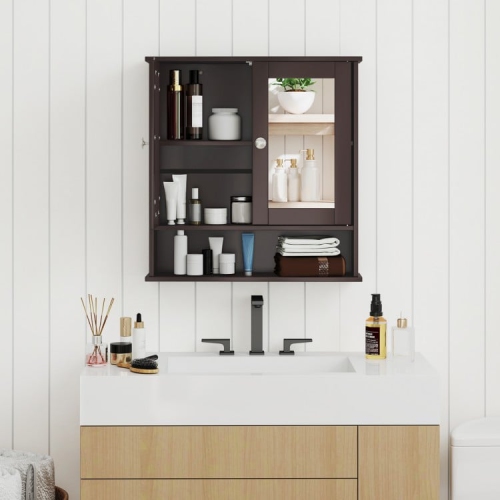 Wall-Mounted Bathroom Mirror Cabinet with Double Doors and Open Storage Shelf