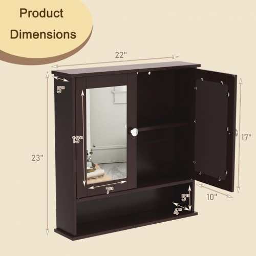Wall-Mounted Bathroom Mirror Cabinet with Double Doors and Open Storage Shelf