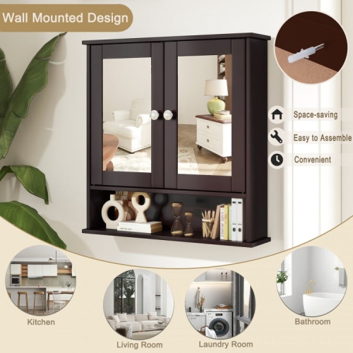 Wall-Mounted Bathroom Mirror Cabinet with Double Doors and Open Storage Shelf