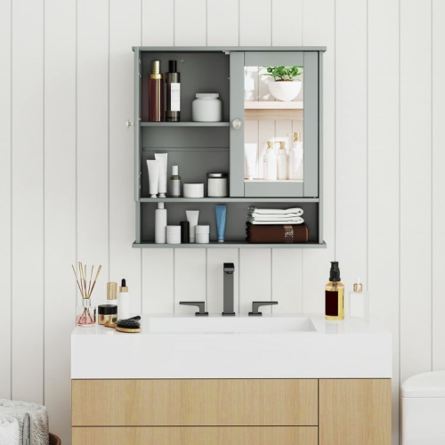 Wall-Mounted Bathroom Mirror Cabinet with Double Doors and Open Storage Shelf