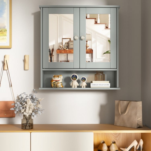 Wall-Mounted Bathroom Mirror Cabinet with Double Doors and Open Storage Shelf