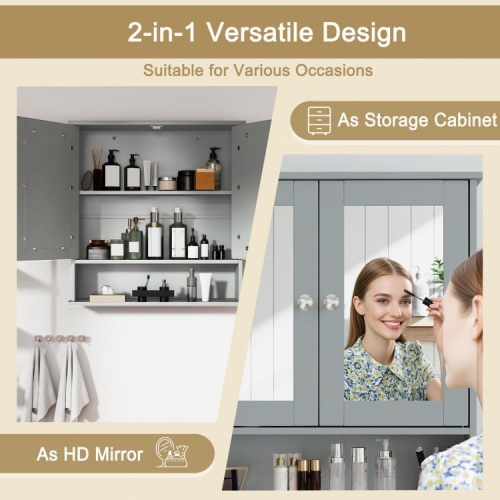 Wall-Mounted Bathroom Mirror Cabinet with Double Doors and Open Storage Shelf