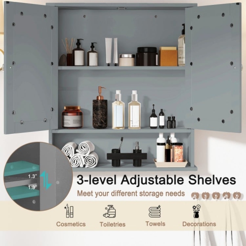 Wall-Mounted Bathroom Mirror Cabinet with Double Doors and Open Storage Shelf