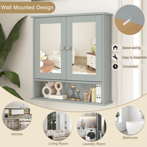 Wall-Mounted Bathroom Mirror Cabinet with Double Doors and Open Storage Shelf