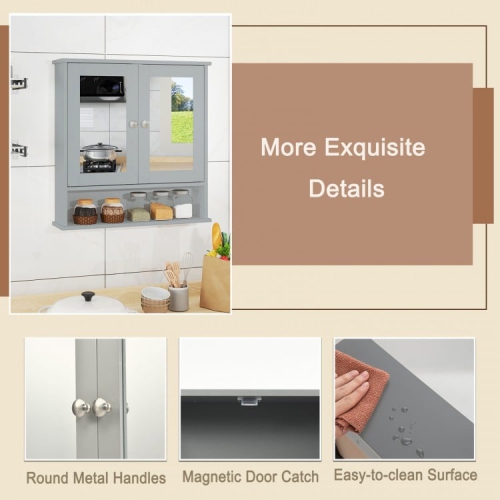 Wall-Mounted Bathroom Mirror Cabinet with Double Doors and Open Storage Shelf