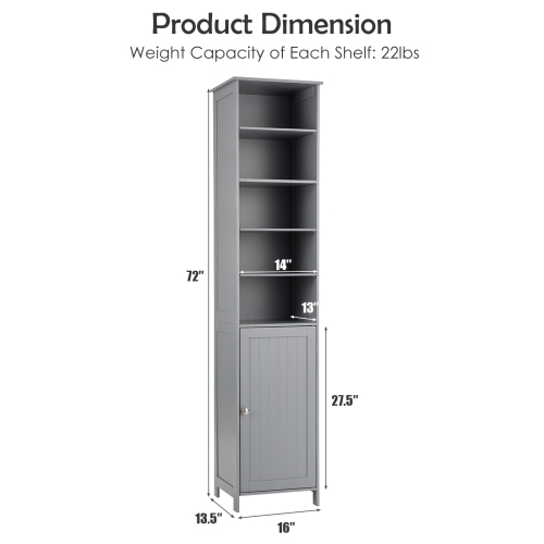 72 Inches Free Standing Tall Floor Bathroom Storage Cabinet-Gray