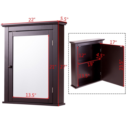 Wall Mount Bathroom Cabinet with One Mirror Single Door Adjustable Shelves Retro Handle