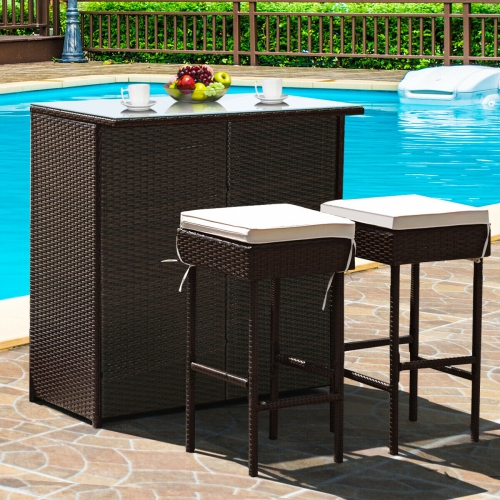 3-Piece Outdoor Bar Set with Rattan Wicker Table and Stools for Patio Dining