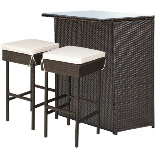 3-Piece Outdoor Bar Set with Rattan Wicker Table and Stools for Patio Dining