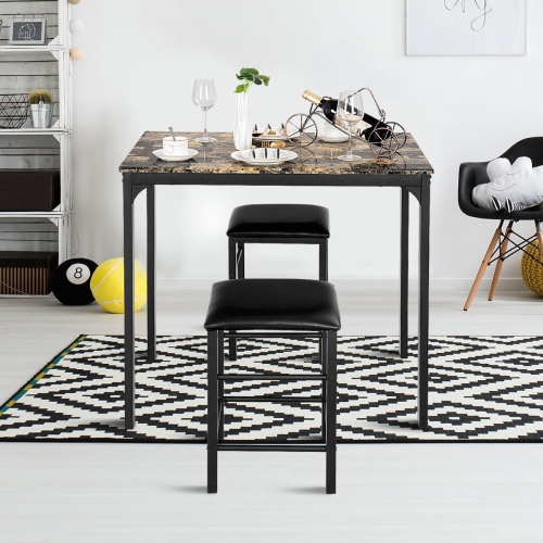 3 pcs Kitchen Counter Height Faux Marble Table 2 Chairs Set