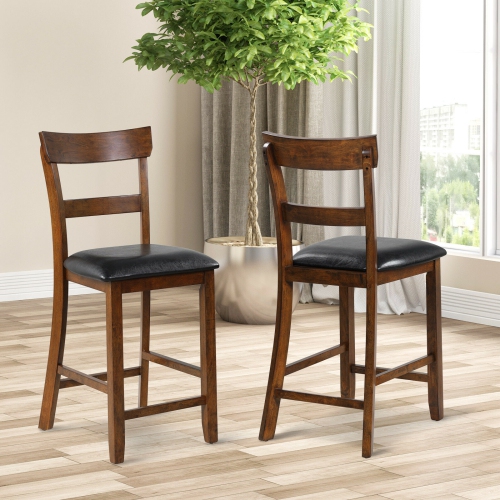 2Pcs Counter Height Chair Set with Leather Seat and Rubber Wood Legs