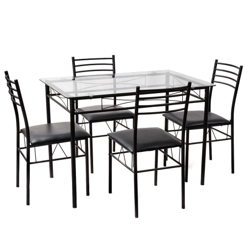 SLICKBLUE  5 PCs Dining Glass Top Table & 4 Upholstered Chairs