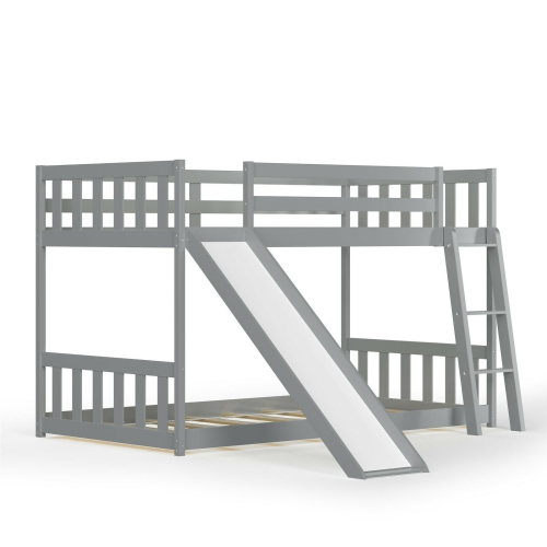 Lit superposé simple sur lit simple en bois bas avec échelle coulissante pour enfants-gris