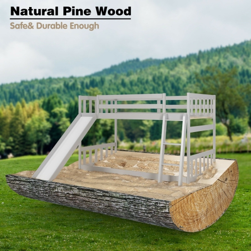 Lit superposé simple sur lit simple en bois bas avec échelle coulissante pour enfants-gris