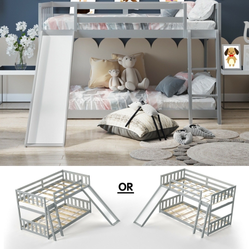 Lit superposé simple sur lit simple en bois bas avec échelle coulissante pour enfants-gris