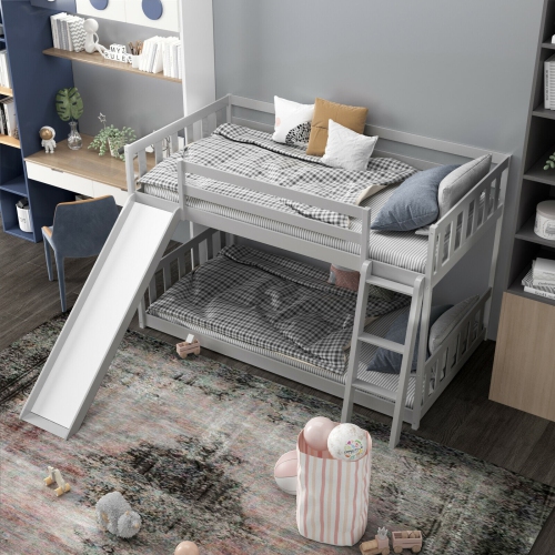 Lit superposé simple sur lit simple en bois bas avec échelle coulissante pour enfants-gris