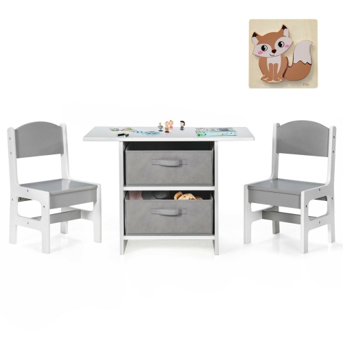 Kids Art Table and 2 Chairs Set with Wood Frame and Storage Baskets for Puzzles