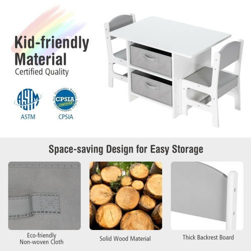 Kids Art Table and 2 Chairs Set with Wood Frame and Storage Baskets for Puzzles