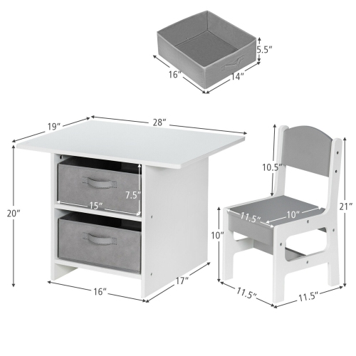 Kids Art Table and 2 Chairs Set with Wood Frame and Storage Baskets for Puzzles
