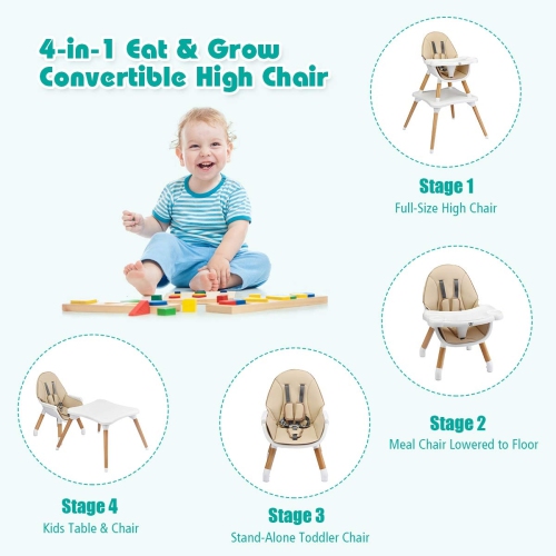 Chaise haute transformable en bois pour bébé 5-en-1 - Kaki