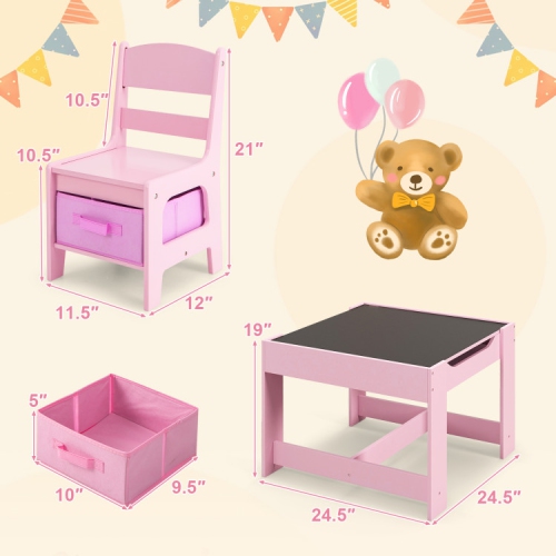 Kids Table and Chair Set with Storage Boxes, Blackboard, and Whiteboard Surface