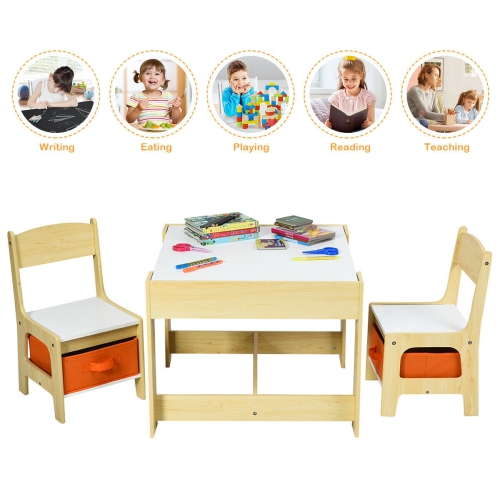Kids Table and Chair Set with Storage Boxes, Blackboard, and Whiteboard Surface