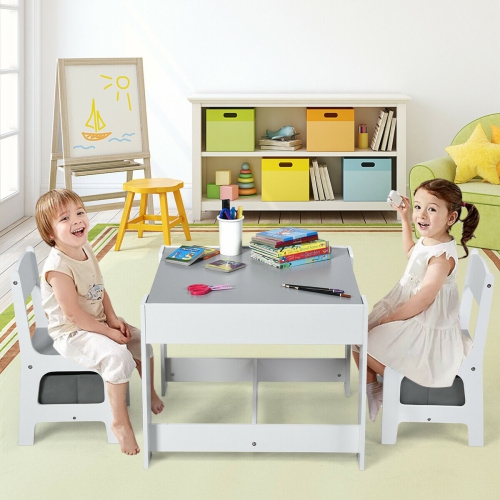 Kids Table and Chair Set with Storage Boxes, Blackboard, and Whiteboard Surface