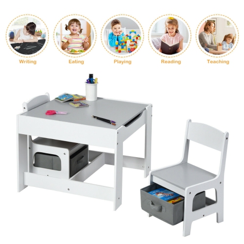 Kids Table and Chair Set with Storage Boxes, Blackboard, and Whiteboard Surface