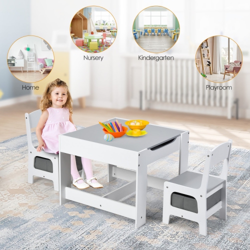 Kids Table and Chair Set with Storage Boxes, Blackboard, and Whiteboard Surface