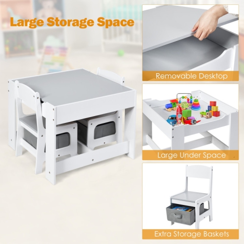 Kids Table and Chair Set with Storage Boxes, Blackboard, and Whiteboard Surface