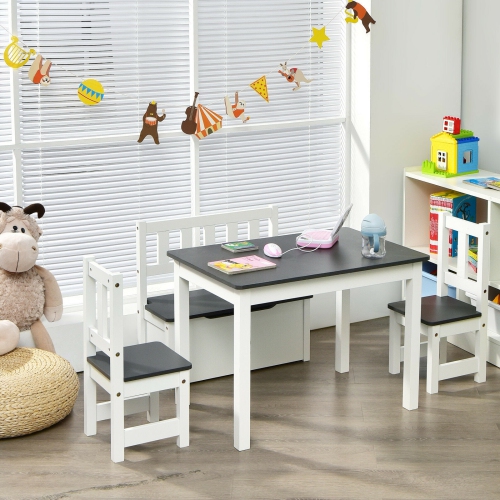 Ensemble 4 pièces avec table d’activités et chaises en bois pour enfants, banc de rangement et bureau d’étude - Gris