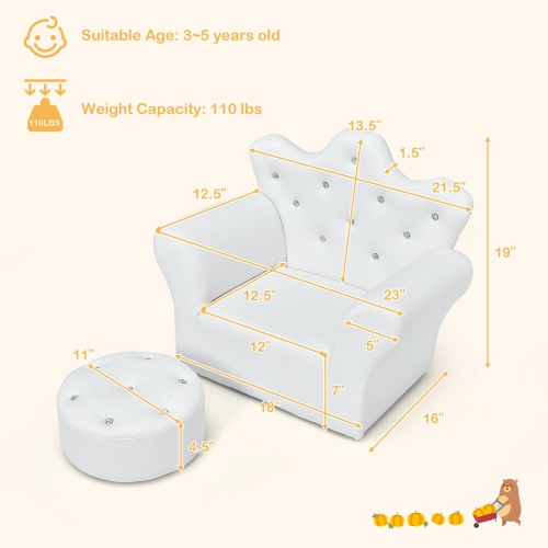Upholstered Kids Sofa with Ottoman – Diamond Decor & Princess Style for Toddlers