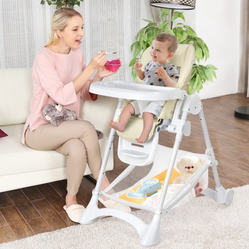 Adjustable Baby High Chair with Wheels, Folding Frame, Tray, and Storage Basket