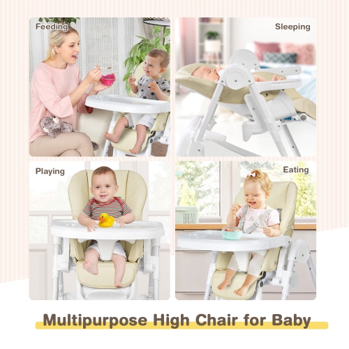 Adjustable Baby High Chair with Wheels, Folding Frame, Tray, and Storage Basket