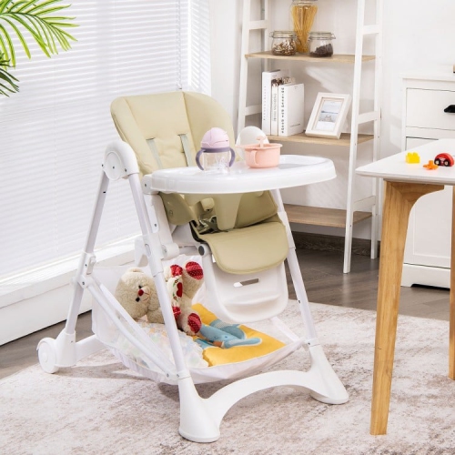 Adjustable Baby High Chair with Wheels, Folding Frame, Tray, and Storage Basket