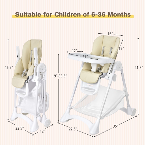 Adjustable Baby High Chair with Wheels, Folding Frame, Tray, and Storage Basket