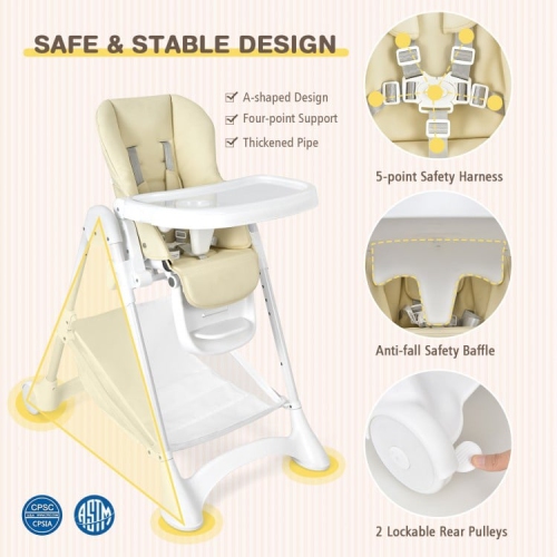 Adjustable Baby High Chair with Wheels, Folding Frame, Tray, and Storage Basket