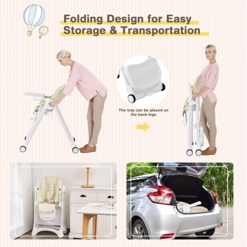 Adjustable Baby High Chair with Wheels, Folding Frame, Tray, and Storage Basket