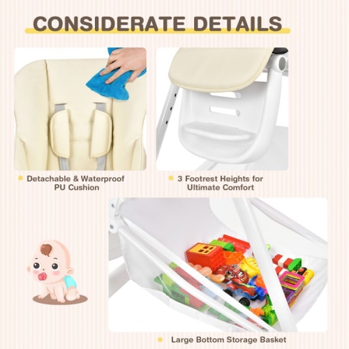 Adjustable Baby High Chair with Wheels, Folding Frame, Tray, and Storage Basket