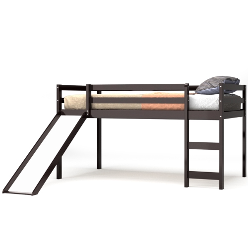 Twin Size Low Sturdy Loft Bed with Slide Wood -Espresso