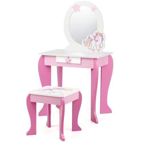 Ensemble table et chaises à dessus de teint en bois pour enfants avec miroir et tiroir