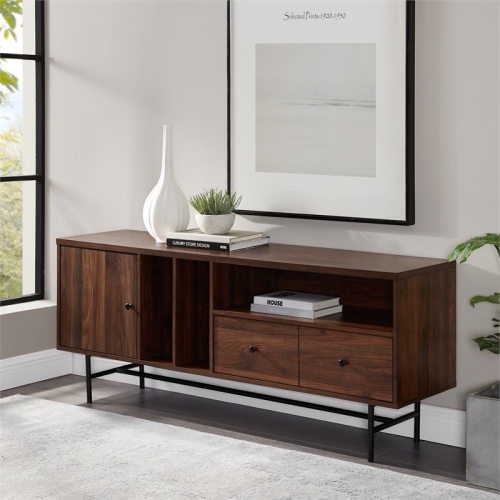 Pemberly Row 60" Modern TV Console with Record Storage in Dark Walnut