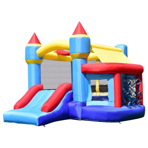 SLICKBLUE  Castle Slide Inflatable Bounce House With Ball Pit And Basketball Hoop