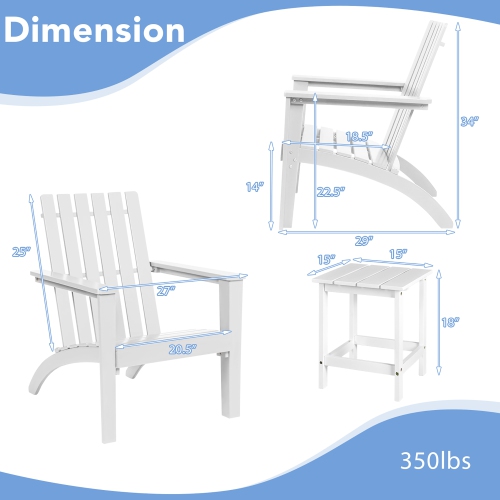 Costway 3PCS Patio Adirondack Chair Side Table Set Solid Wood Garden Deck White