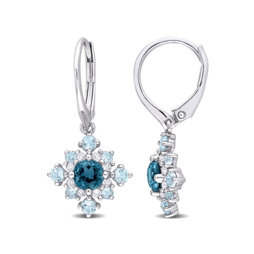 GEM AND HARMONY  2.60 Carat (Ctw) London Topaz & White Topaz Cluster Earrings In Sterling Silver In Blue
