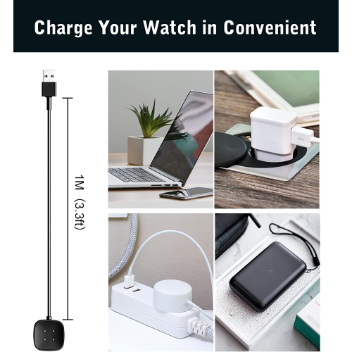 Charging Cable Compatible with Fitbit Versa 4/Versa 3/Sense 2/Sense Smartwatch, Magnetic Portable USB Charger Cable Dock Cable Cord [3.3Ft/1M], Black