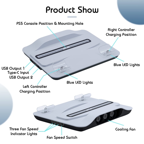 Wigearss Charging Cooling Stand for PS5 Charging Dock with 3 Speed Levels Cooling System for PS5 UHD and Digital Edition Con