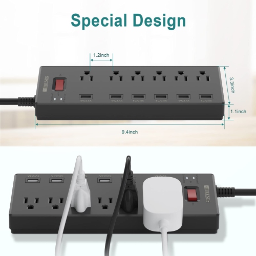 Power Bar, Power Strip Surge Protector 6 Outlets with 6 USB Charging Ports, 1625W/13A Multiplug for Multiple Devices Smartphone Tablet Laptop Computer