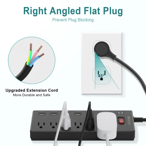 Power Bar, Power Strip Surge Protector 6 Outlets with 6 USB Charging Ports, 1625W/13A Multiplug for Multiple Devices Smartphone Tablet Laptop Computer