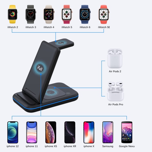 Support de chargement sans fil iPhone, station de recharge pliable rapide QI 3-en-1, station de recharge sans fil pour iPhone 13/12/11/11pr d’Apple